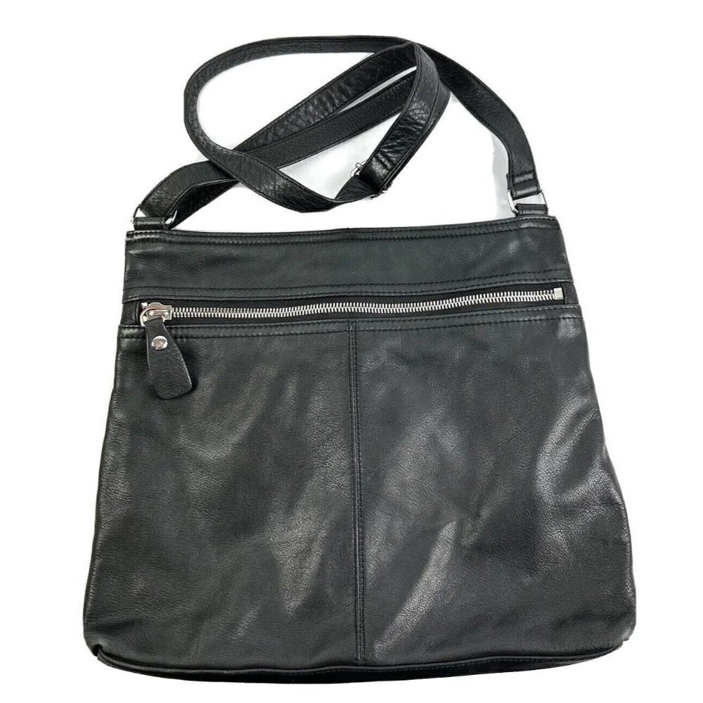 Margot Crossbody Bag Double Zip Black Leather Handbag Silver Accent‎ Purse